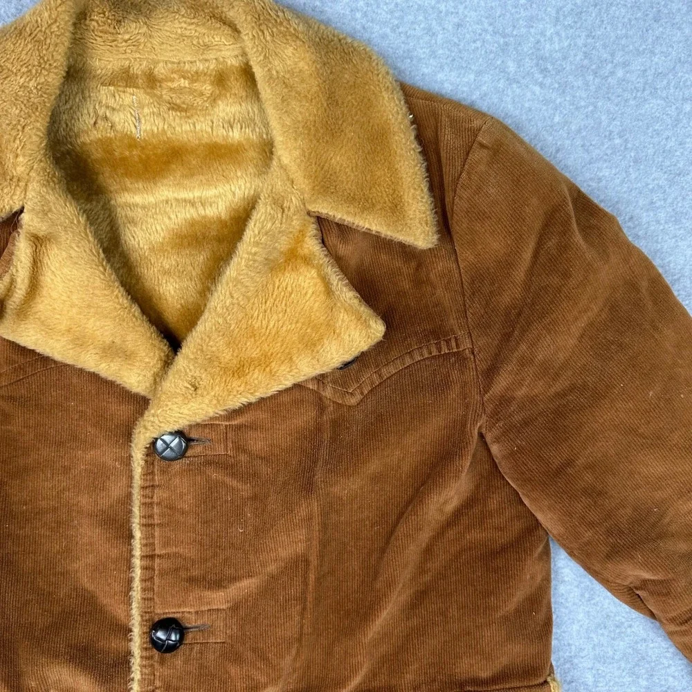 Vtg 70s Large Corduroy Ranch Jacket Brown Faux Shearling Lined Western Yoke Coat